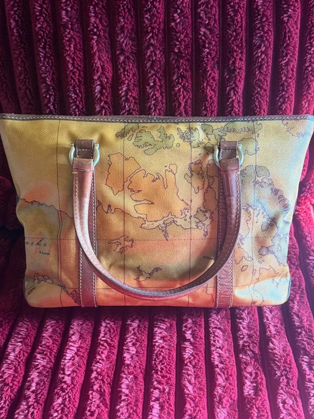 Vintage Alviero Martini Map-Print Tote in Tan and Brown